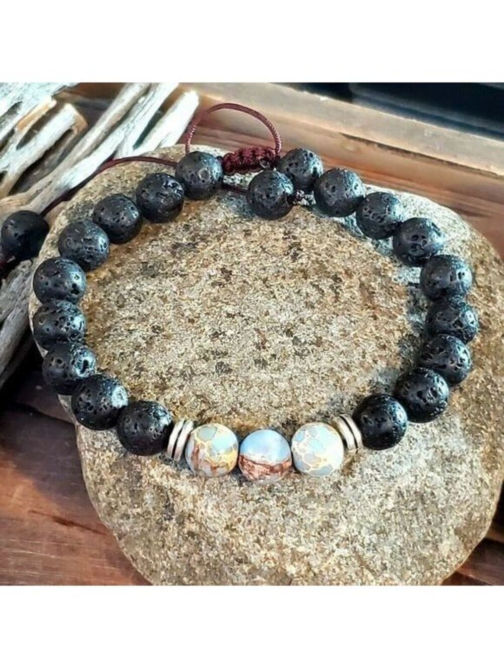 Chakra Bracelet Natural Blue Tan Aqua Terra Jasper Black Lava